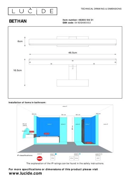 Lucide BETHAN - Spiegelleuchte Badezimmer - LED - 1x8W 3000K - IP21 - Weiß - TECHNISCH